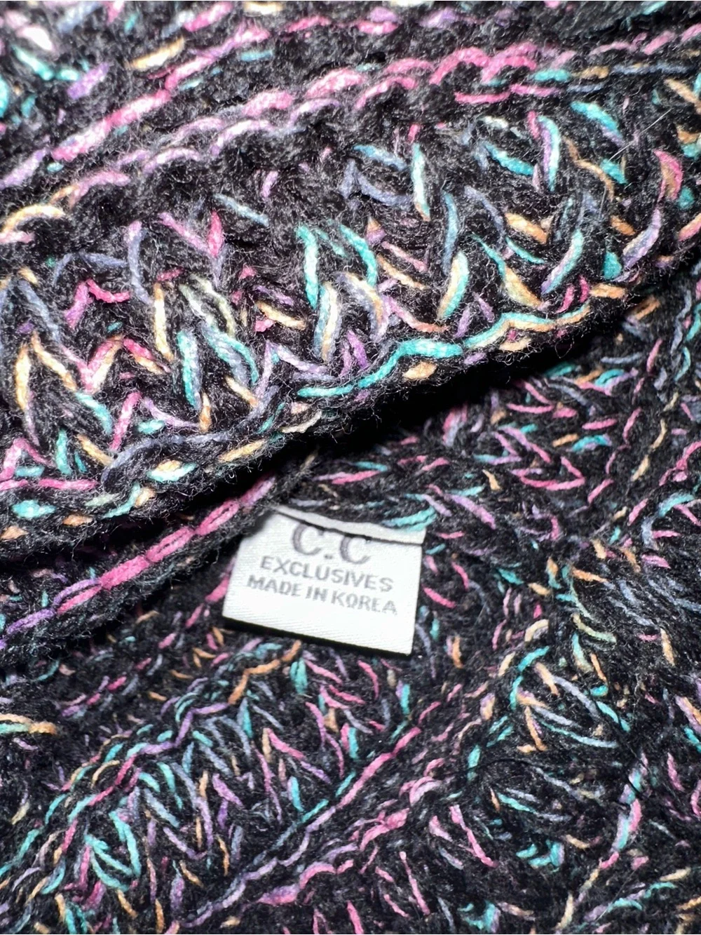 C.C Black Knit Beanie with Teal and Purple Thread Accents